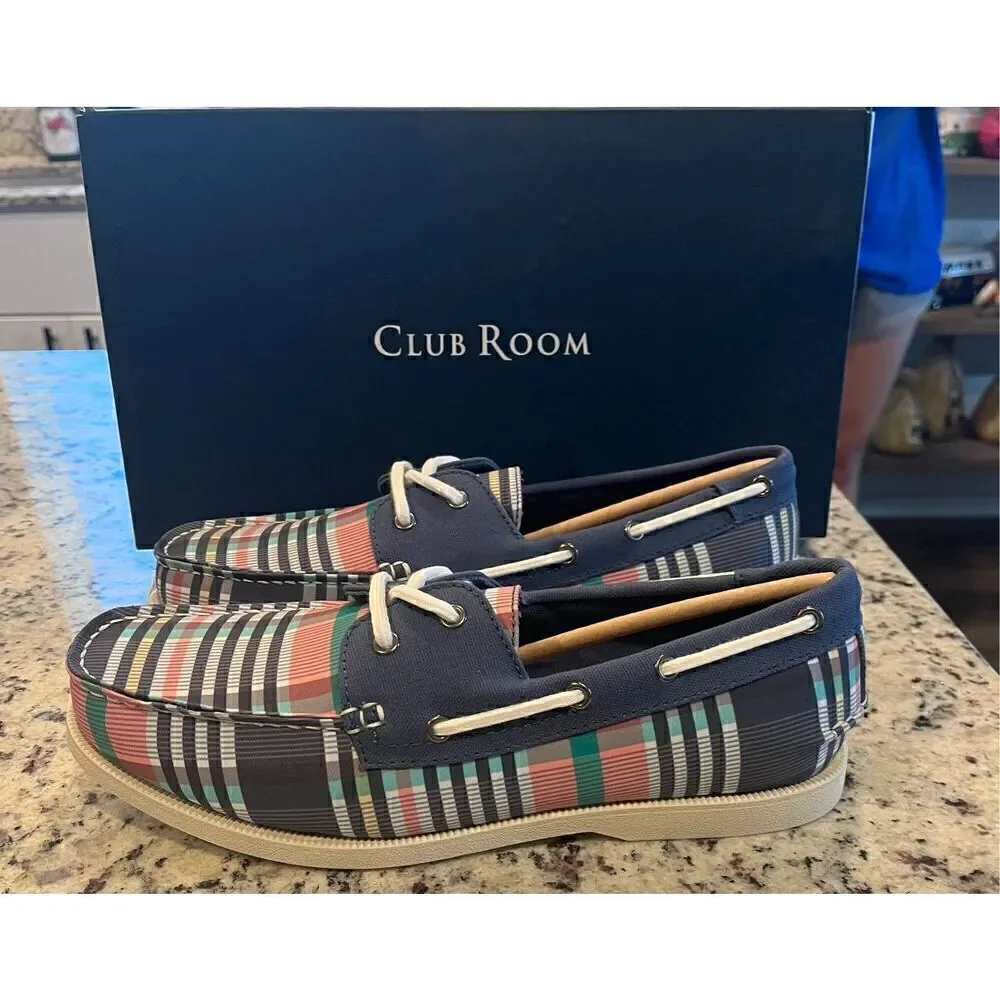Clubroom Mens Blue Plaid Padded Elliot Round Toe Lace-Up Boat Shoes